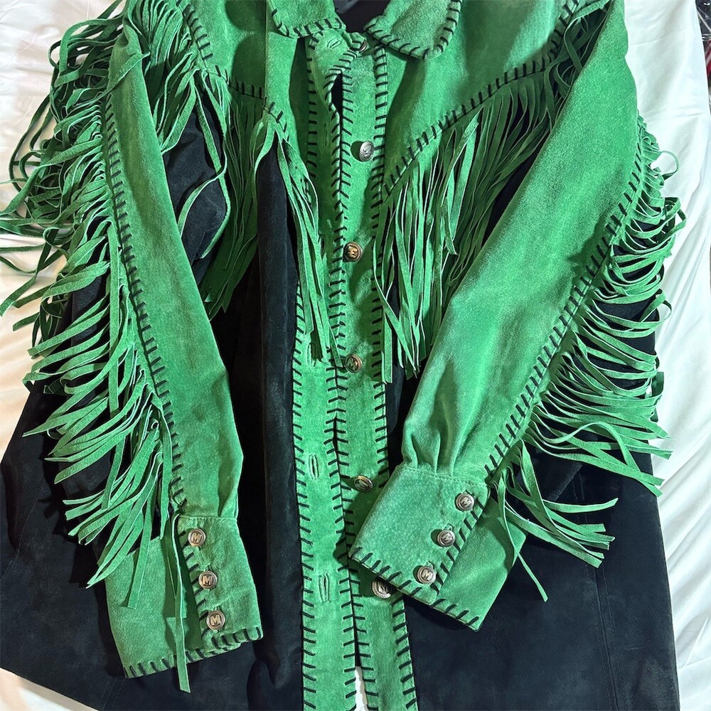 Bob Mackie Jacket Womens Size L Green Black Fringe Western Cowgirl Coat